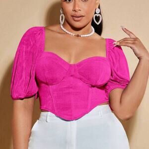 SHEIN BAE Plus 4XL Sweetheart Neck Puff Sleeve Bustier Bandana Hem Crop Tee